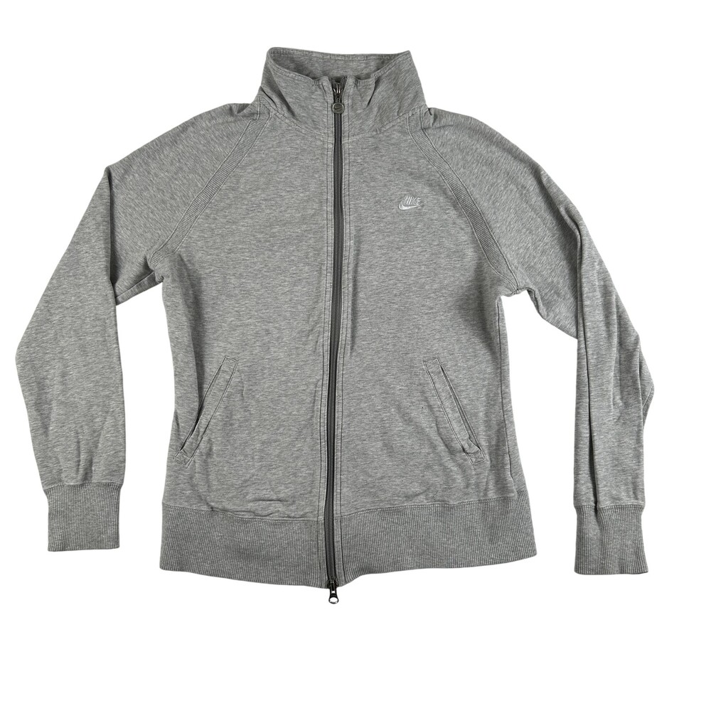 Nike Track Jacket Womens Medium Gray Full Zip Funnel Neck Swoosh Athletic Cotton